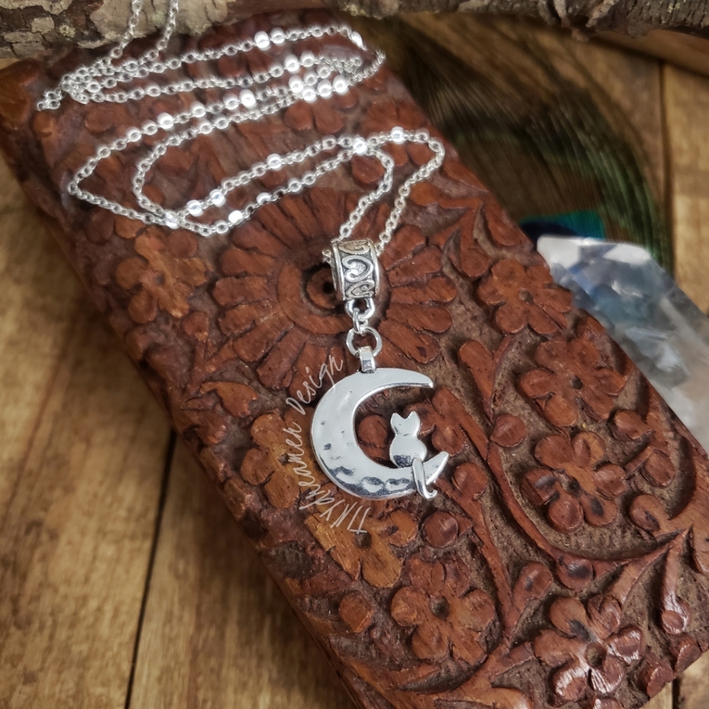 Cat Necklace Crescent Moon Pendant 925 Sterling Silver Necklace~Witch~Occult